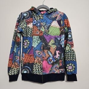 Desigual Women’s Patchwork Zip Up Hoodie Jacket Colorful Mosaic Sweater Size M